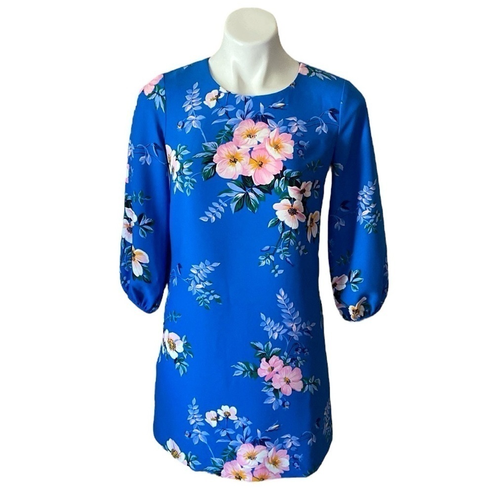 Ann Taylor Poppy Lantern Blue Floral Long Sleeve Mini Shift Dress Size 0P